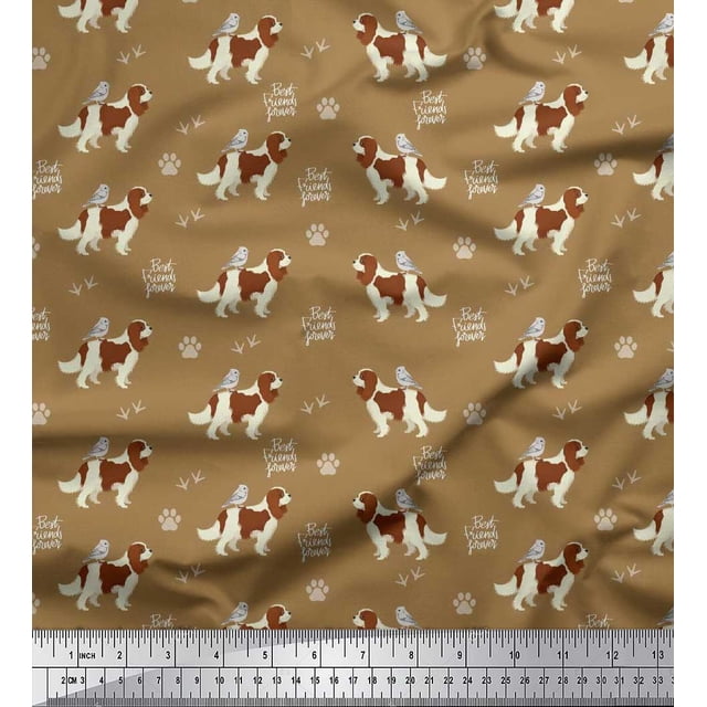 Soimoi Brown Rayon Crepe Fabric Bird,Paw & Cocker Spaniel Dog Print Fabric by the Yard 46 Inch Wide