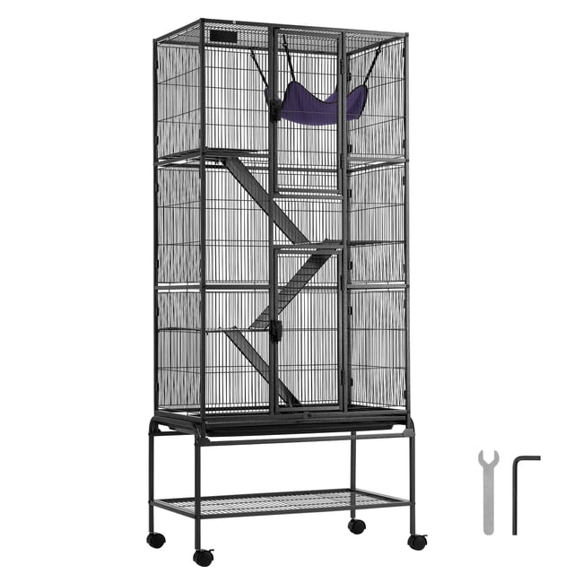 KFFKFF 69" Metal Small Animal Cage 4-Tier Rolling Ferret Cage with Tray and 3 Ramps. The cage features a spacious 29.7"x17.9"x69.1" design with four height platforms, three slip-proof ramps, and a top hammock for pets like ferrets, chinchillas, and guinea pigs. Made of reinforced metal with a powder-coated finish, it includes a 1/2" mesh spacing for safety, screw-in door latches, and a removable ABS-coated tray for easy cleaning. Equipped with lockable rolling wheels for mobility and a storage shelf for supplies. Includes assembly tools.