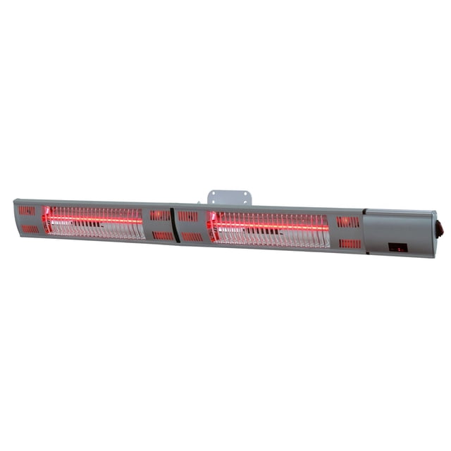 ENERG+ Infrared Hea-23046-WMRM electric outdoor heater wall mounted with a long silver metal casing, two red glowing GOLD heat bulbs behind protective grills, ventilation slots, and a digital control panel on the right end, ideal for patio heating in outdoor living spaces.