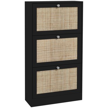 HOMCOM Rattan Shoe Storage Cabinet Organizer with 3 Flip Drawers