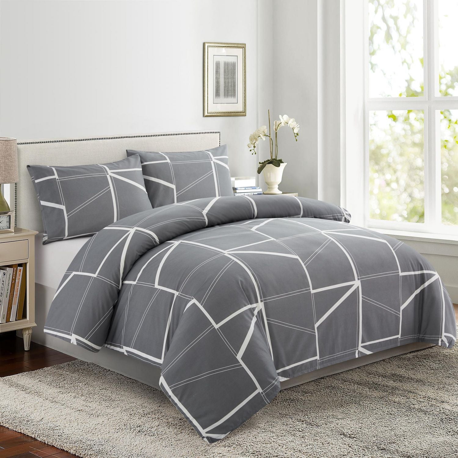 Literie Marina Décoration douce, soyeuse et riche en rayonne de bambou imprimée, toutes saisons, housse de couette, drap-housse, avec fermeture éclair et lien d'angle, motif géométrique fantaisie mode