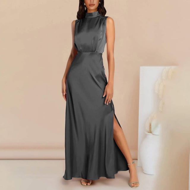 Lenago Robes de Cocktail Grande Taille pour Femmes Soirée Mode Femmes Été Uni Décontracté Col Rond Sans Manches Fente Haute Robe Maxi Robes d'Été de Plage en Liquidation