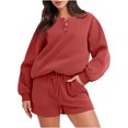 thumbnail image 1 of IROINNID Survêtement pour Femmes Ensemble 2 Pcs Économies Blouse à Col Rond Hauts à Manches Longues Chandail Shorts Ensemble Décontracté Ensembles Tenues de Sport Ensemble, Rouge, 1 of 4