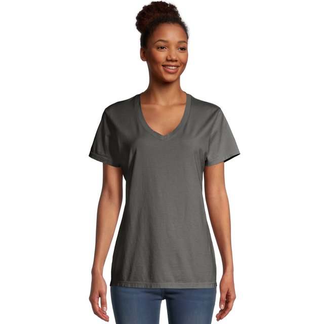 Hanes T-Shirt à Col en V ComfortWash pour Femmes, P, Gris Rail Neuf