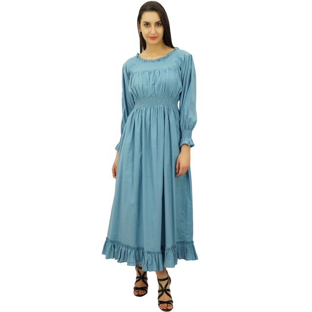 Bimba Robe Maxi Longue Décontractée en Coton pour Femme à Taille Smockée