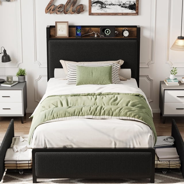 Yiwa Twin Size Bed Frame with 2 Storage Drawers and Charging Station, Rustic Linen Upholstered Platform Bedframe with Storage Headboard, No Box Spring Needed, Easy Assembly, Noise Free