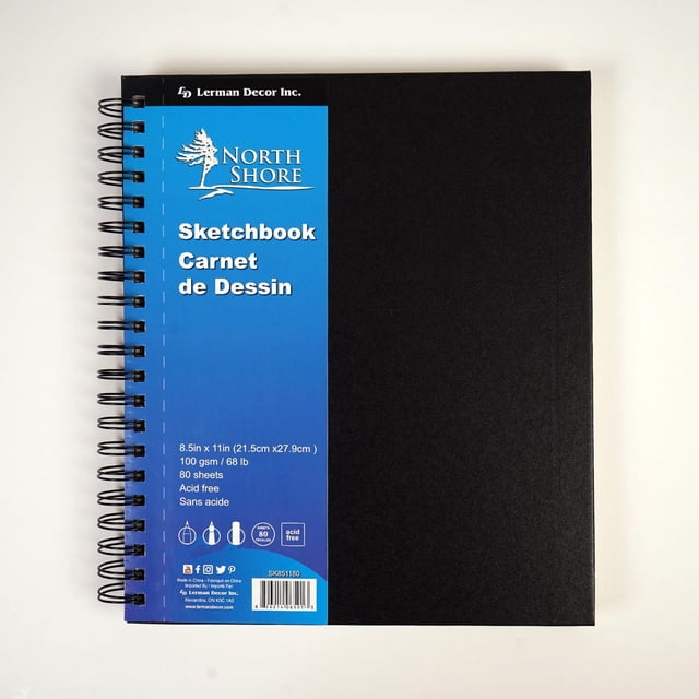North Shore coiled sketch book 8 ½” x 11” with black cover and blue label showing 80 acid-free sheets of 100 gsm paper, double spiral binding, and suitable for dry media sketching, ideal for school or home art projects.