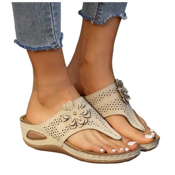Wedge Sandals for Women Vintage Flower Platform Hollow Out Dress Flip Flops Sandals Comfortable Beach Slide Shoes White Size 7.5