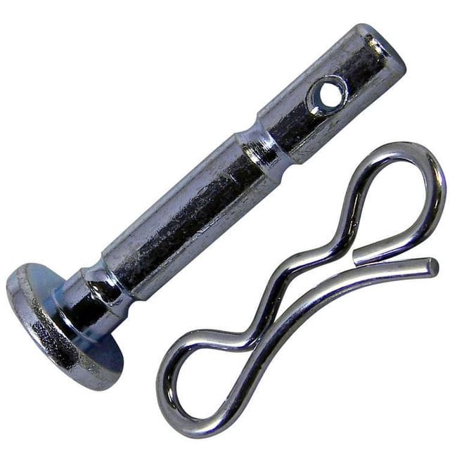 Laser Shear Pins And Clips for Snow Blowers - 57539 showing a polished metal shear pin with a flat head and hole near the top alongside a curved retaining clip, designed for newer MTD snowblower models to protect the engine by breaking on impact.