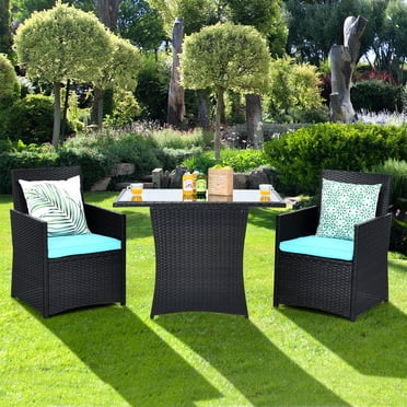 Patiojoy Ensemble de Salle à Manger en Rotin pour Patio 3 Pcs Ensemble de Meubles Gain de Place avec Table à Dessus en Verre Trempé et Chaises Rembourrées