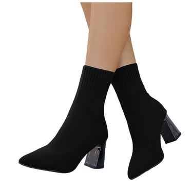 Bottes-chaussettes à Enfiler pour Femmes, Bottes Habillées pour Dames, Aguichant, Hiver Automne, Tricotées, Bout Pointu, Talons Hauts Épais, Mi-Mollet, Bottillons à la Cheville