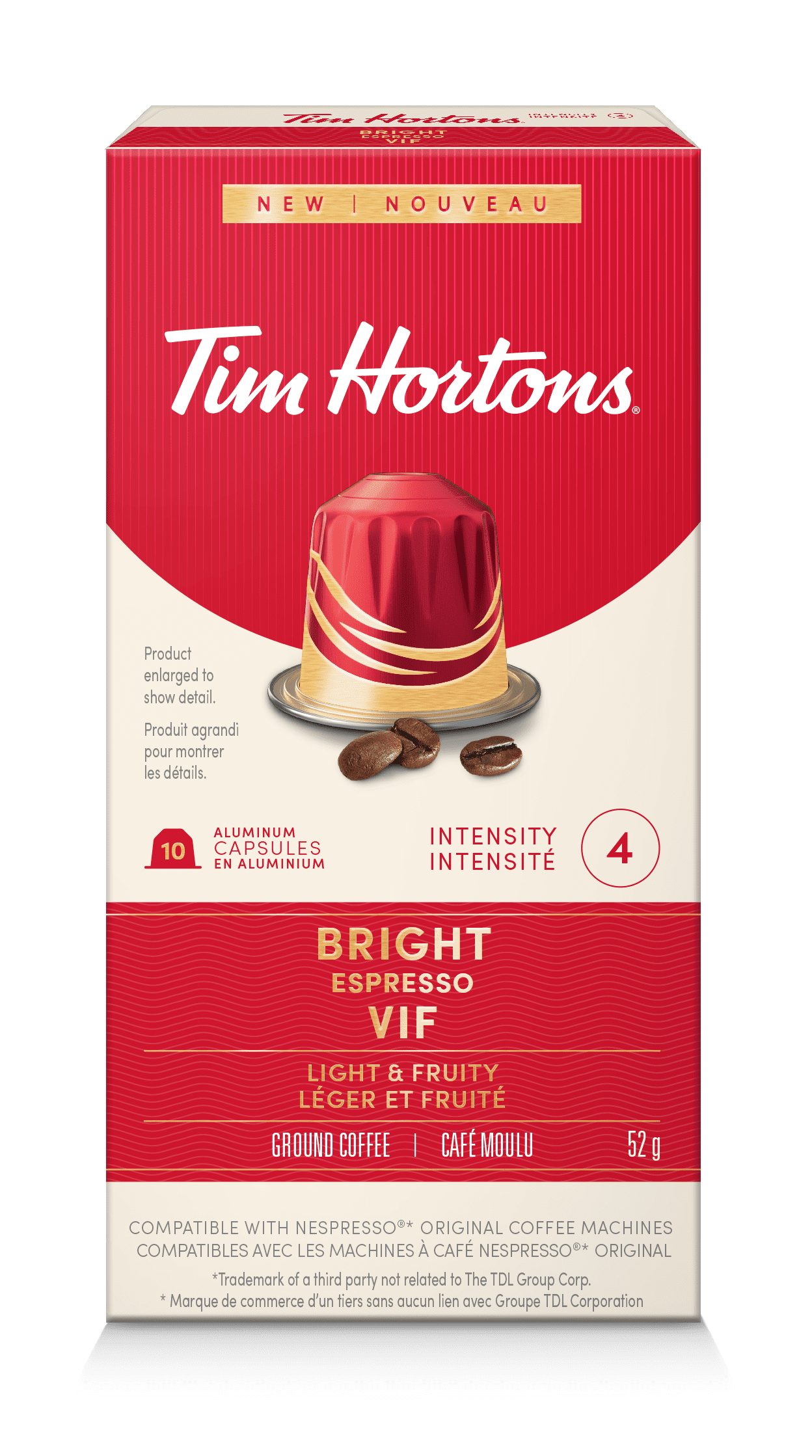 Tim Hortons Bright Espresso Nespresso Compatible Capsules, Compatible with Nespresso Original Line, Light & Fruity, 10 Count