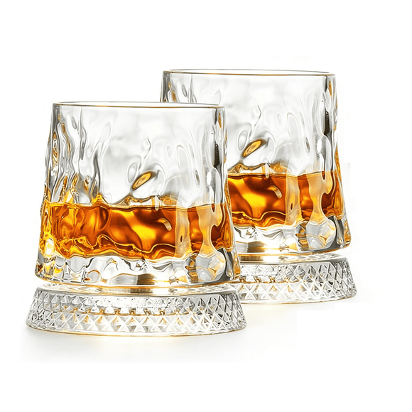 Whiskey Glasses 2 Pcs Rotatable Crystal Glass Cups, 360° Spinning Whiskey Tumbler with Stable Base, Old Fashioned Glass for Scotch Bourbon Cocktails, Drinking Glasses for Home Bar Gift