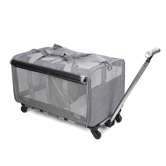 1pc Double Compartment Pet Stroller With Wheels, ideal for two pets or two cats, made of grey polyester with zippered closures. Features include a telescoping handle, adjustable shoulder strap, and smooth, shock-absorbing wheels for effortless travel. The double compartment design accommodates two small pets or one larger pet up to 35 pounds, making it a versatile cat stroller and pet travel carrier.