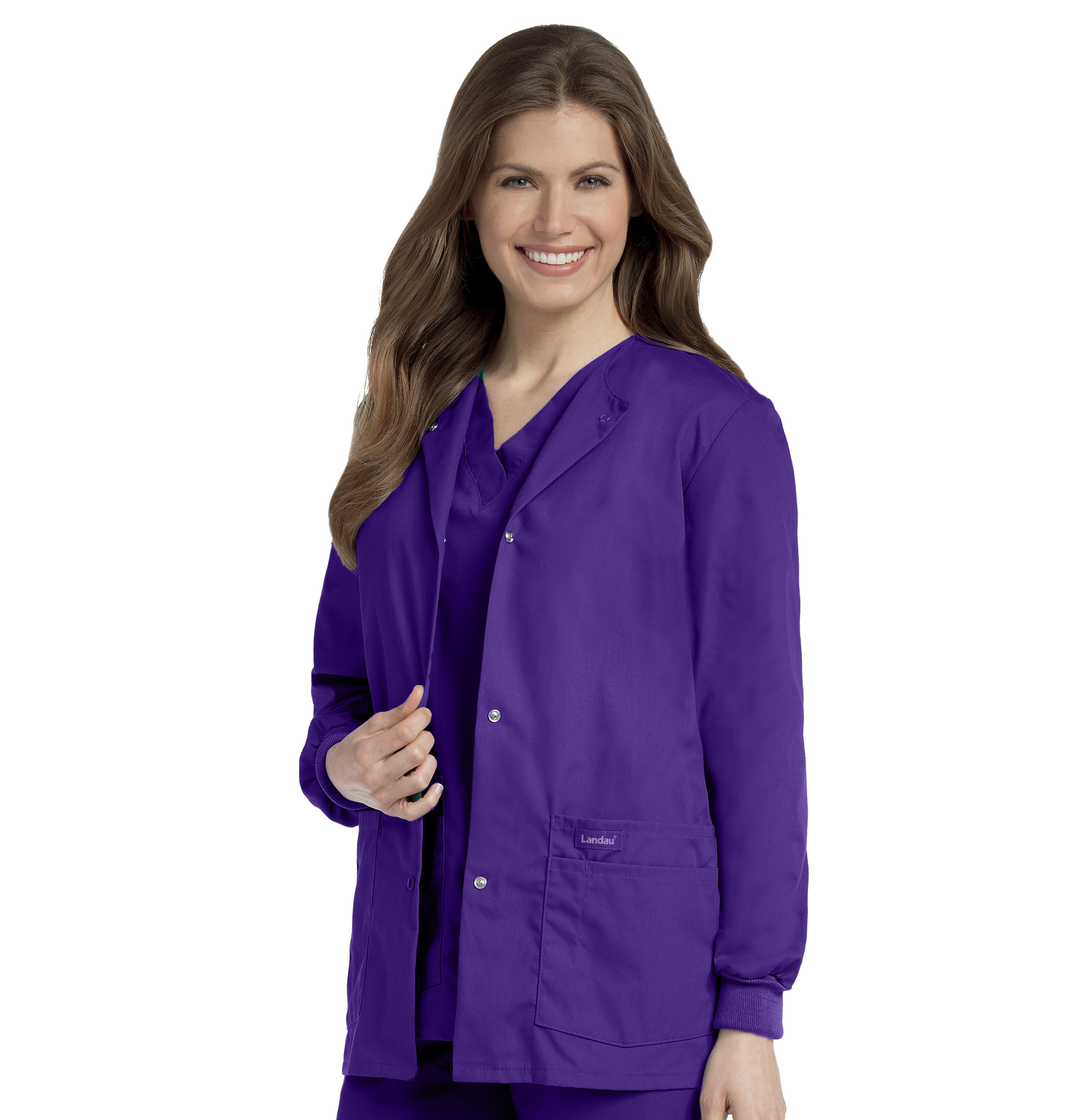 Landau Essentials Veste d'Uniforme à 4 Poches pour Femmes : Coupe Classique et Décontractée, Col Ras du Cou, devant à Boutons-Pression et Poignets en Tricot 7525