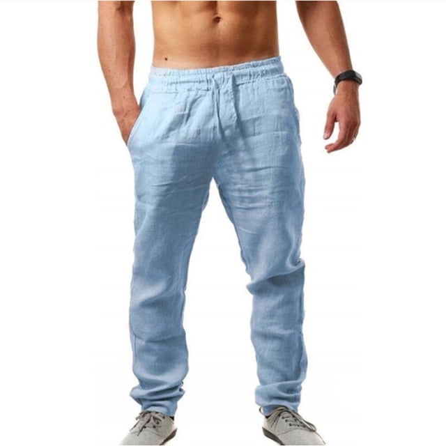 Leutsin Men's Elastic Pants Solid Color Breathable Cotton Linen Loose Casual Pants