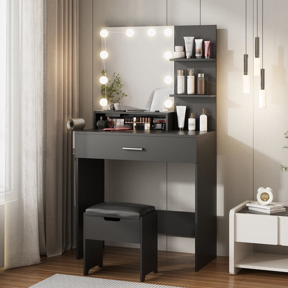 Vabches LED Lights Dressing Table Dressing Stool Table Set black