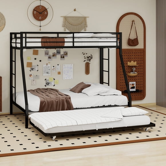 Morufur Twin over Full Bunk Bed with Twin Trundle, Heavy Duty Metal Bed Frame with Full-Length Guardrails and Ladder, Noise-Free, No Box Spring Needed, Black