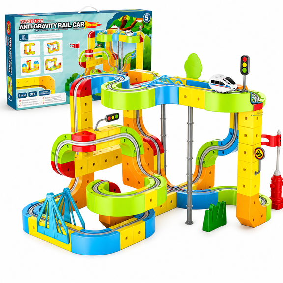 Tradeopia Anti Gravity Rail Car Track Building Set, 122-Piece Flexible Racing Track Construction Toy for Kids