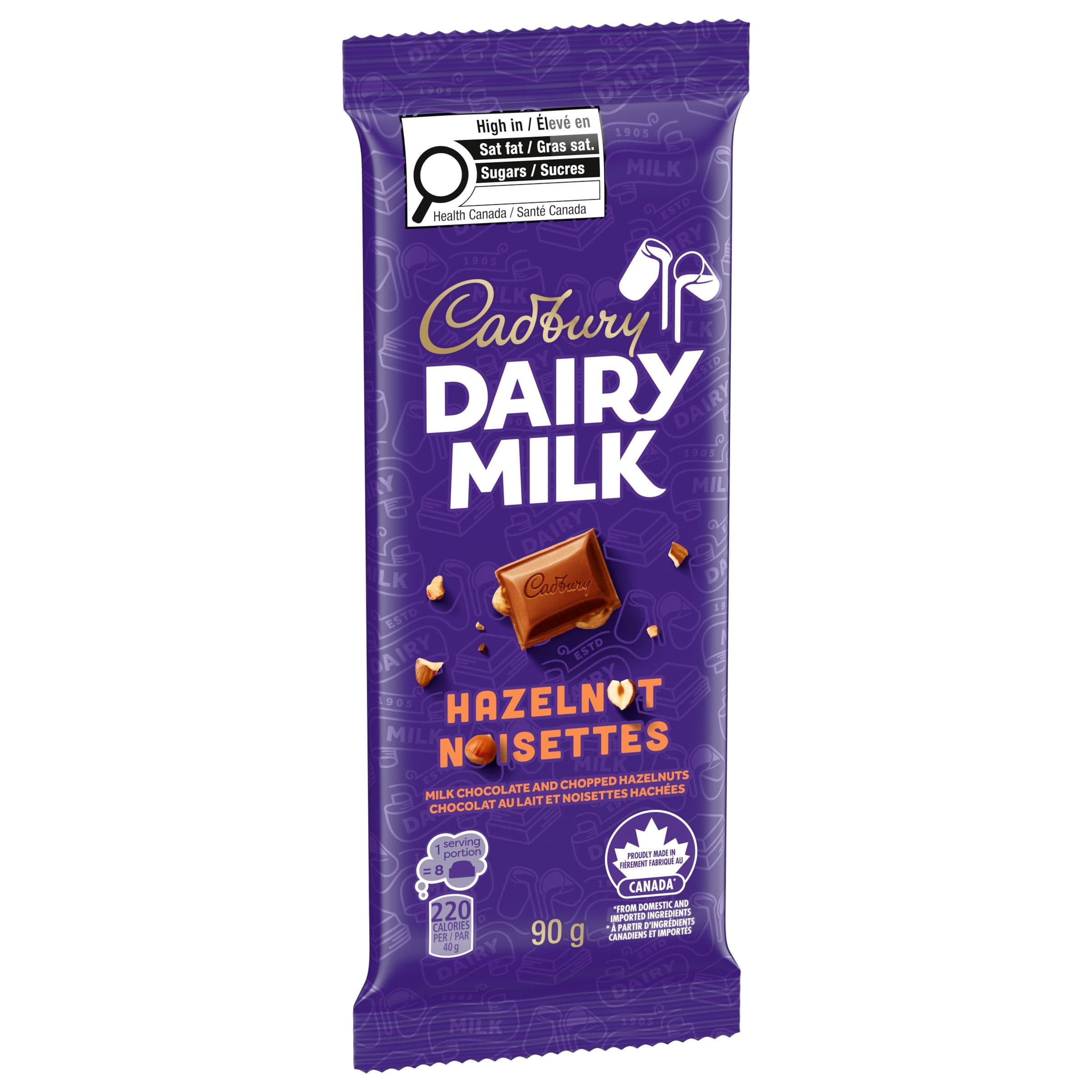 Tablette de chocolat CADBURY DAIRY MILK Noisettes avec noisettes hachées, tablette de chocolat au lait CADBURY DAIRY MILK, barre de chocolat au lait CADBURY DAIRY MILK, 90 g