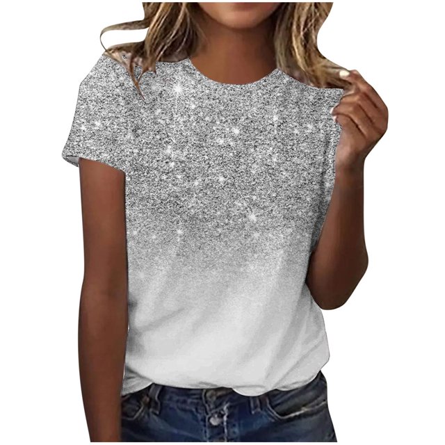 cfhntfmh Hauts de Sortie pour Femmes Tendance à Paillettes Col Ras du Cou Manches Courtes Tunique Scintillante Hauts Tenues d'Été Mode 2025