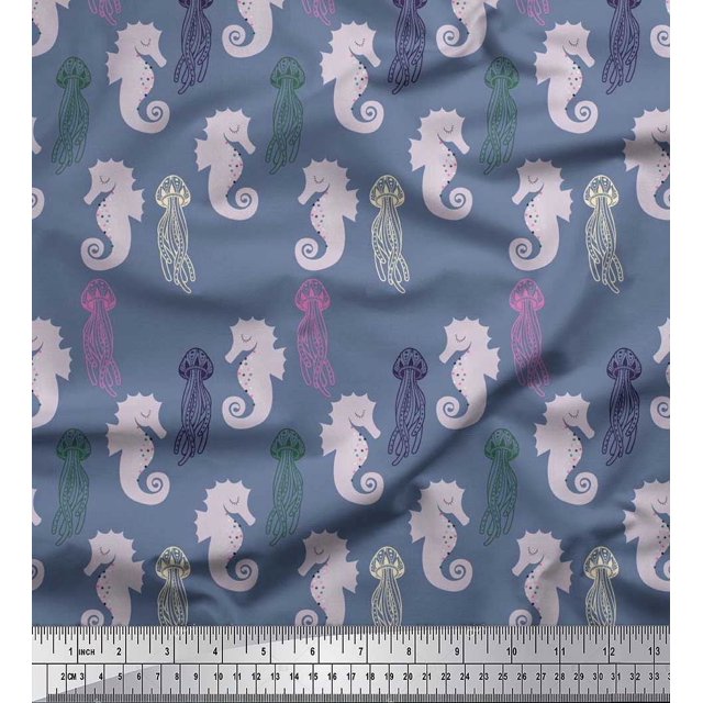 Soimoi Poly Georgette Fabric Jellyfish & Seahorse Ocean Printed Fabric 1 Yard 42 Inch Wide