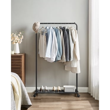 SONGMICS Clothes Rack with Wheels, 35.8 Inch Garment Rack, Clothing Rack for Hanging Clothes, with Dense Mesh Storage Shelf, 110 lb Load Capacity, 2 Brakes, Steel Frame, Black