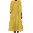 thumbnail image 2 of Robes Maxi en Coton et Lin pour Femmes, Robe Tunique à Boutons Col Ras du Cou Manches Longues Plissée Ligne a Fluide Longues Robes Robes à Oeillets pour Femmes Jaune P, 2 of 9