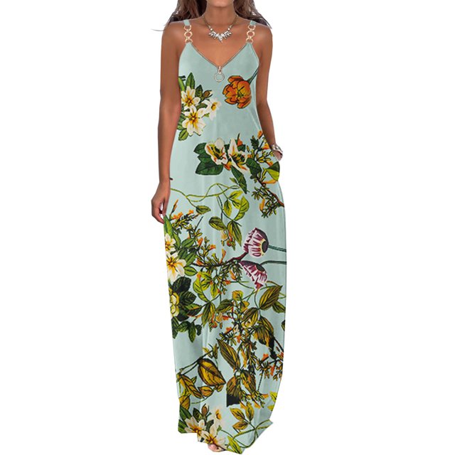 SMihono Robe d'Été Boho pour Femmes Grande Taille Robes d'Été pour Femmes Décontractées Boho Imprimées Cerceau Bretelles Plage Longue Maxi Robe avec Poches