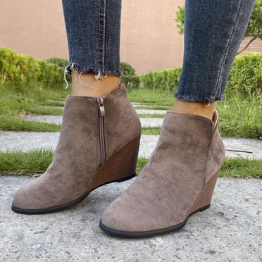 EGNMCR Ankle Boots for Women Vintage Women Ankle Boots Round Toe Zipper Wedge Heel Short Shoes