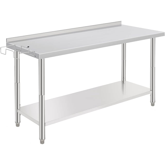 Table de Travail en Acier Inoxydable Robuste 60x24 Po avec Dosseret, Tablette Inférieure Réglable et Crochet, Table de Préparation Commerciale pour Cuisine, Garage, Restaurant