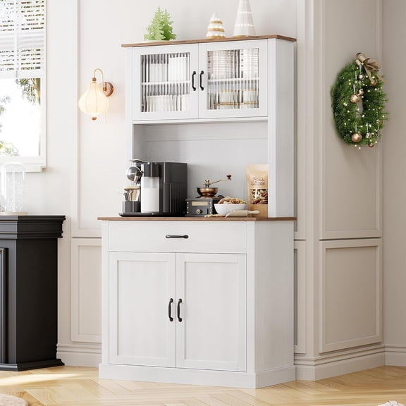 QinaQin Armoires de Rangement de Cuisine de 71 Pouces de Hauteur, Armoires Autoportantes en Bois avec 4 Portes, Tablettes Ajustables, Micro-Ondes et Bar à Café