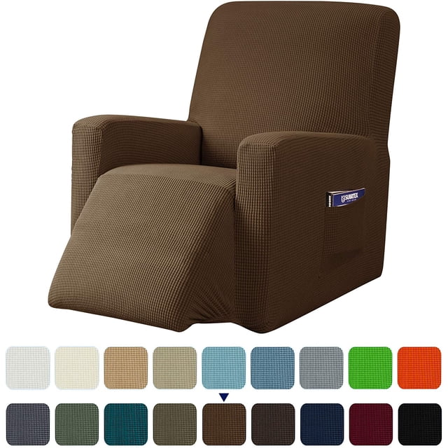 Subrtex Housse Extensible pour Fauteuil Inclinable 1 Pce avec Motif à Grille Texturé Brun, Dotée d'Une Poche Latérale pour le Rangement. Fabriquée à Partir de 85 % polyester et 15 % Élasthanne, Cette Housse Est Douce, durable et Respirante. Comprend des Coins Élastiques pour un Ajustement Serré, Protège les Meubles contre les Déversements et l'Usure, et Est Offerte en Plusieurs Couleurs Respectueuses de la Déco.