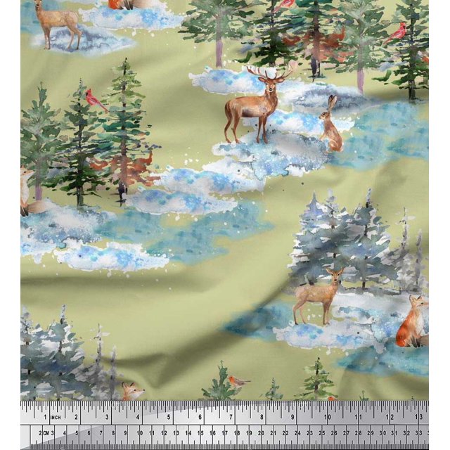 Soimoi Beige Rayon Fabric Animals & Pine Tree Print Fabric by the Yard 56 Inch Wide