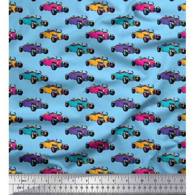 Soimoi Blue Moss Georgette Fabric Colorful Cars Transport Fabric Prints By Yard 42 Inch Wide