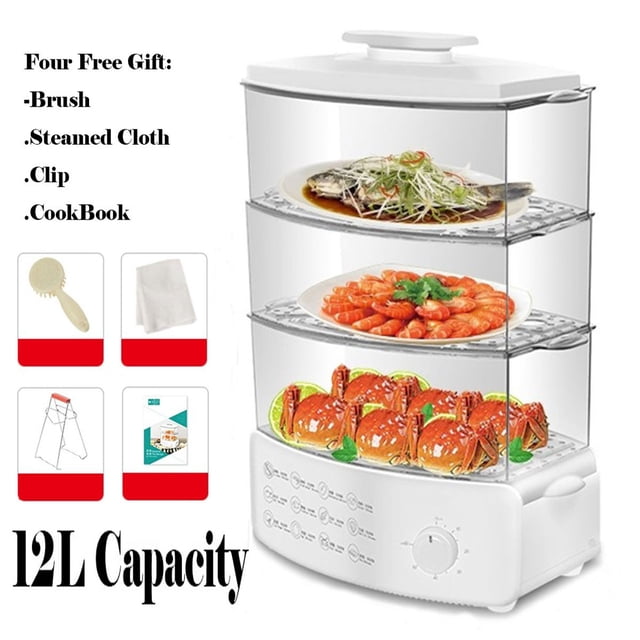 Electric Food Steamer Electric Steamer Steam Pot Home 12L Three-layer Multi-function Steam Box by Bosinaka. The image shows a white, three-layer electric food steamer with a 12L capacity. Each layer contains different food items, including fish, shrimp, and crabs, showcasing its ability to steam multiple dishes simultaneously. The steamer features a split design for easy cleaning, an adjustable timer, and anti-dry protection for safety. Four free gifts are included: a brush, steamed cloth, clip, and cookbook.