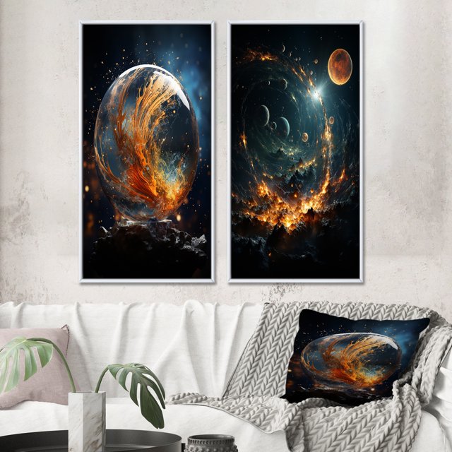 Designart "Celestial Worlds II" Galaxies Framed Wall Art Set Of 2 - Teal Fantasy Gallery Wall Frame Set For Home Decor
