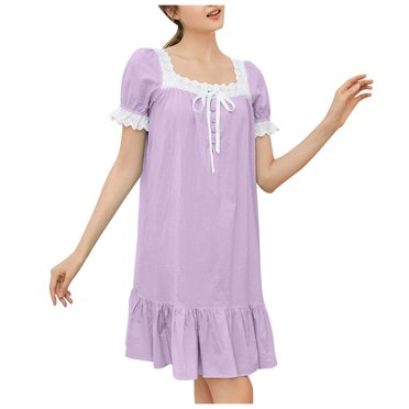 AWZXDE Special Style Solid Color Casual Elegant Ruffled Hem Design Short Sleeve Fashion Short Dress Plus Size Home Sleepwear Purple,S