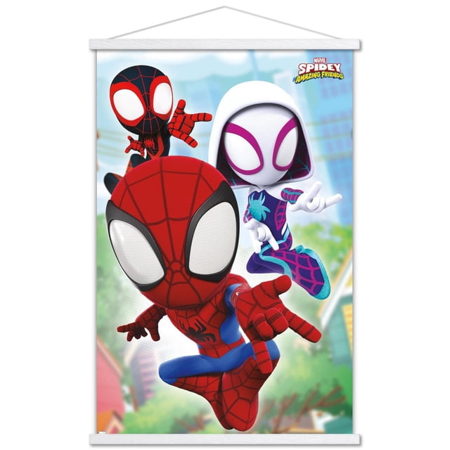Marvel Spidey and His Amazing Friends - Affiche Murale de Toiles, 22,375 Pouces x 34 Pouces Mettant en Vedette Trois Personnages Animés de Spider-Man en Rouge, Noir et Blanc-Violet dans des poses Dynamiques de Prise de Vue en Toile sur un Fond de Ville Flou, Imprimée sur Papier d'Affiche Lustré, Convient à la Déco de la Maison et aux Chambres d'Enfants.