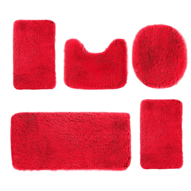 zanvin Solid Color Bath Mats 5 Set Bathroom Rugs in vibrant red, crafted from soft longhair velvet fleece material with water absorption and non-slip backing. Includes five pieces: a toilet mat, bath mat, floor mat, toilet cover, and seat cover. Machine washable and easy to dry, perfect for bathroom rug sets and bath mats for bathroom decor.