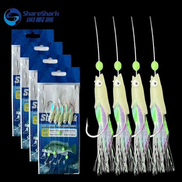 5 Hooks Sabiki Rigs Saltwater Fishing Lures Bait Rigs Real Fish Skin String Hook Mackerel Glow in The Dark Flash Sabiki Rigs 1 bag SIZE 4