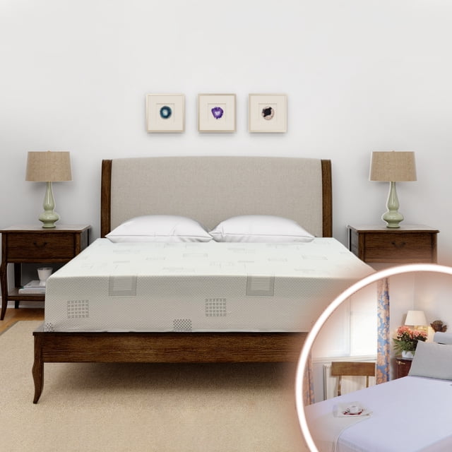 ViscoLogic Comfort 7-Inch Reversible Orthopedic Support Medium-Firm Full Mattress with Mattress Protector, CertiPUR-US® certified foam, shown on a wooden bed frame in a well-lit bedroom. Designed for spinal alignment and pressure relief, it includes a waterproof cotton terrycloth mattress protector and washable cover. Suitable for various bed types, including platform and box spring beds.