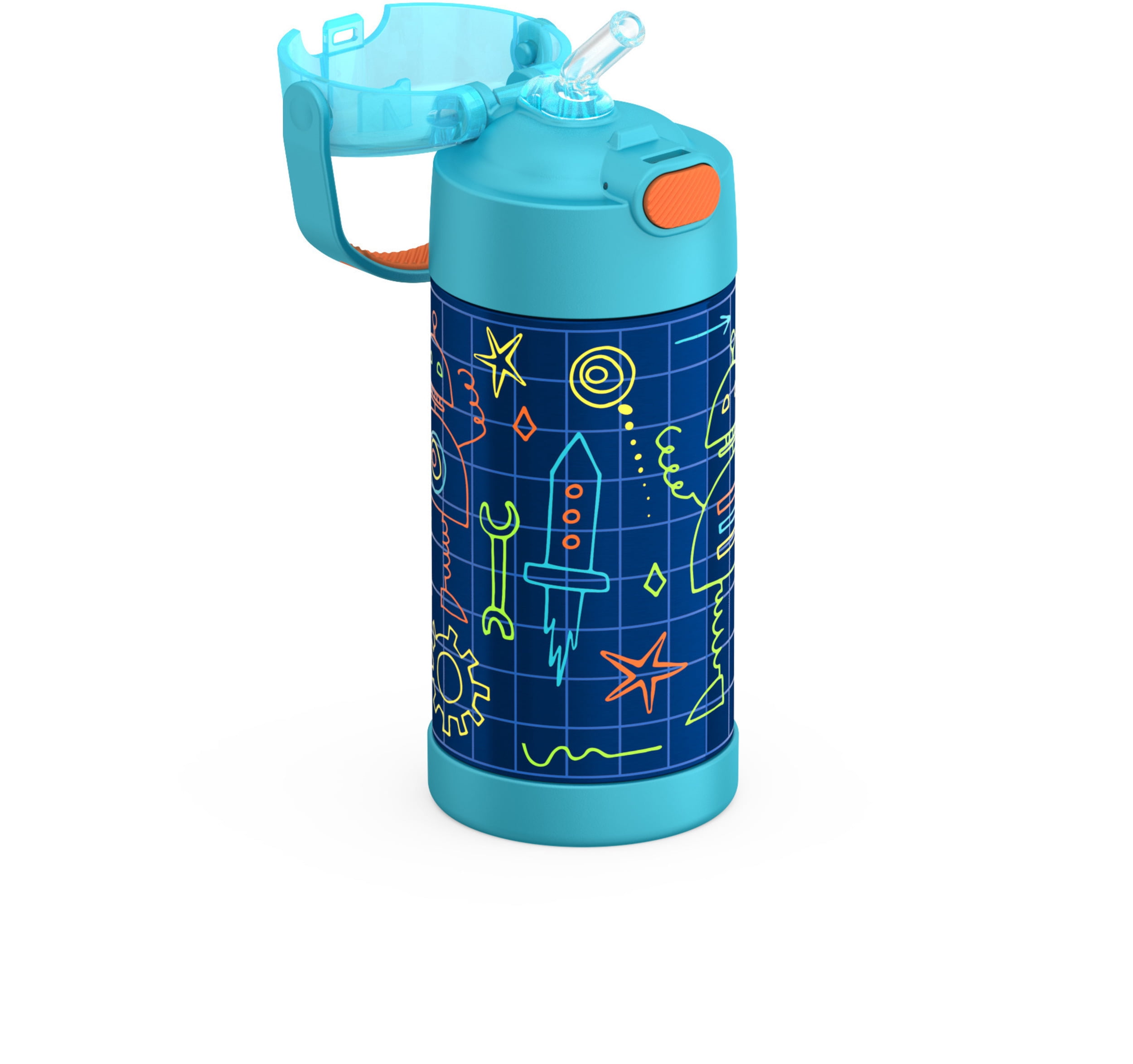 Bouteille isotherme Thermos Kids Funtainer en acier inoxydable de 355 ml avec paille rabattable, Robots