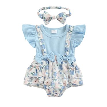 Honganda Baby Girls Romper and Headband, Fly Sleeves Patchwork Flower Print Jumpsuit for Infant, Blue/ Pink