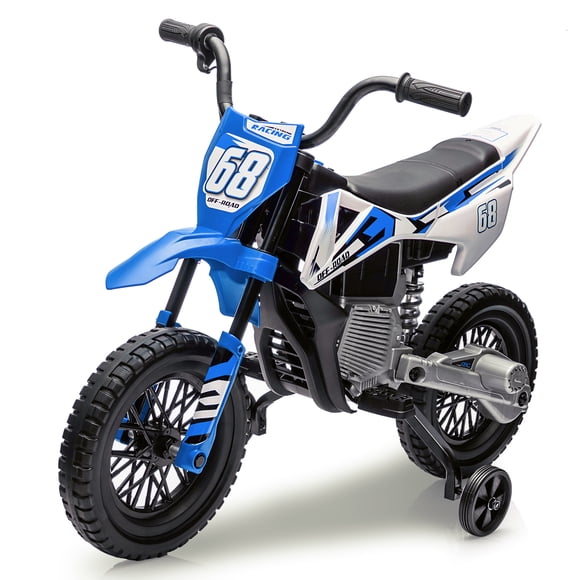 Towallmark 12V Kids Electric Dirt Bike Motorcycle – Dual 25W Motors, Training Wheels, Spring Suspension, Wireless Music, Twist Grip Throttle, Max Speed 3 MPH – Ride-On Toy for Children Ages 3-8 – Blue
