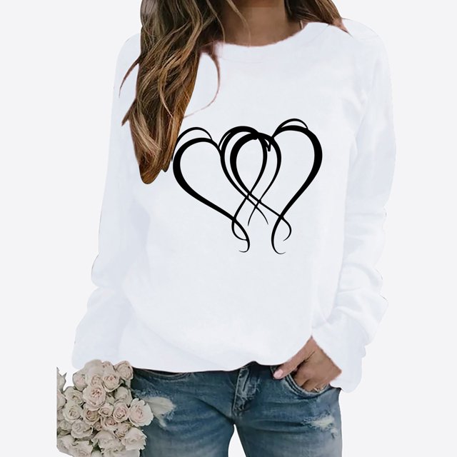 Meichang T-Shirts Mignons de la Saint-Valentin pour Femmes, T-Shirts Graphiques Mignons avec Cœur, Manches Longues, Col Rond, Hauts Mignons, Coupe Ample, Chandail Molletonné à Enfiler pour les Fêtes
