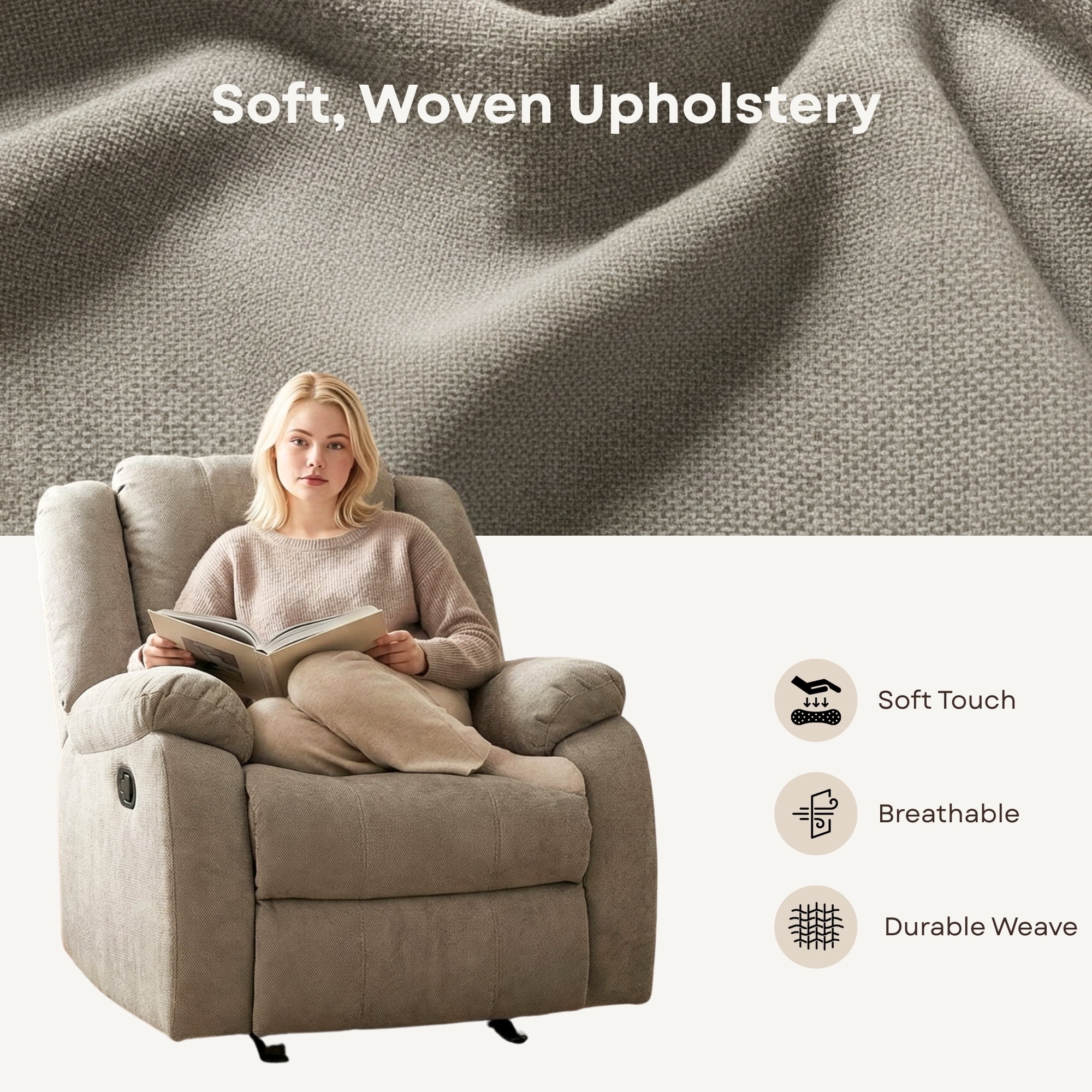 Fauteuil berçant inclinable Primo Amos – Fauteuil rembourré 36 po avec accoudoirs matelassés, mouvement berçant doux, tissu neutre – Pour salon