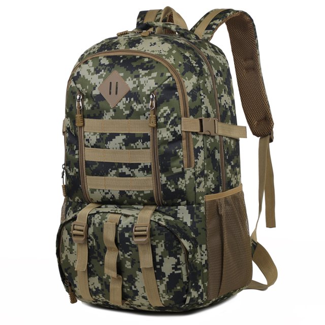 Yeacher Camouflage 5 Outdoor Hiking Backpack with 35L capacity, crafted from durable water-resistant Oxford cloth. Features include multiple storage pockets, a breathable back panel, adjustable padded mesh shoulder straps, and lightweight design for hiking, camping, and outdoor adventures.