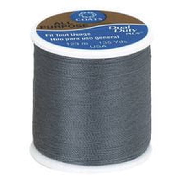 Coats & Clark All Purpose Polyester Thread spool in grey with 123 metres of 100% polyester covered polyester thread, suitable for hand and machine sewing of knits and woven fabrics, featuring a white and blue label on top.
