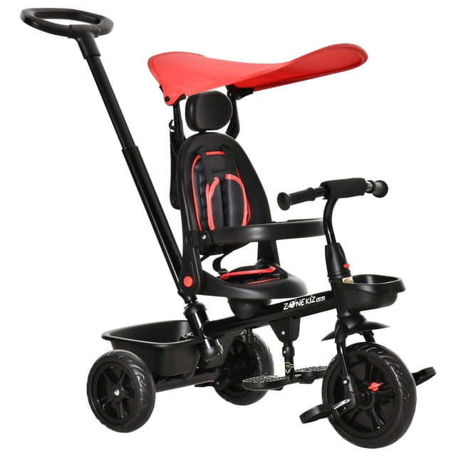 Qaba Tricycle 4 en 1 pour Enfants en Rouge et Noir avec Siège Ajustable, Poignée Amovible, Auvent, Main Courante, Ceinture de Sécurité, Paniers de Rangement, Repose-Pieds, Frein et Embrayage. Convient aux Enfants de 1 à 5 Ans, avec Roues en EVA, Siège Rotatif pour interaction Parent-Enfant et Conception Axée sur la Sécurité.